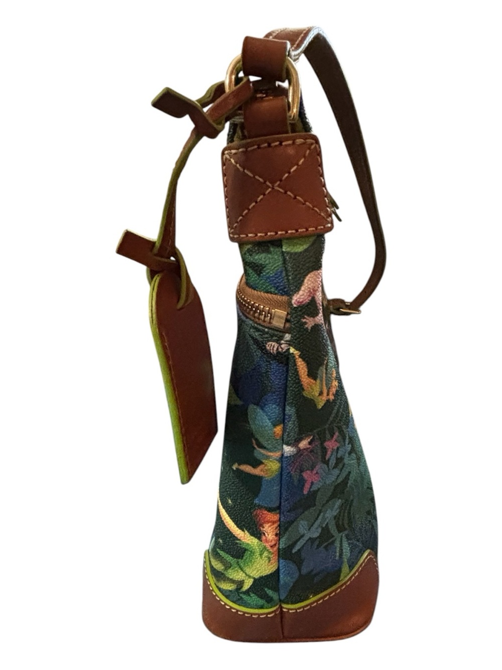 Dooney & Bourke Green Tinker Bell Print Shoulder Bag with Brown Trim - Picture 4 of 16
